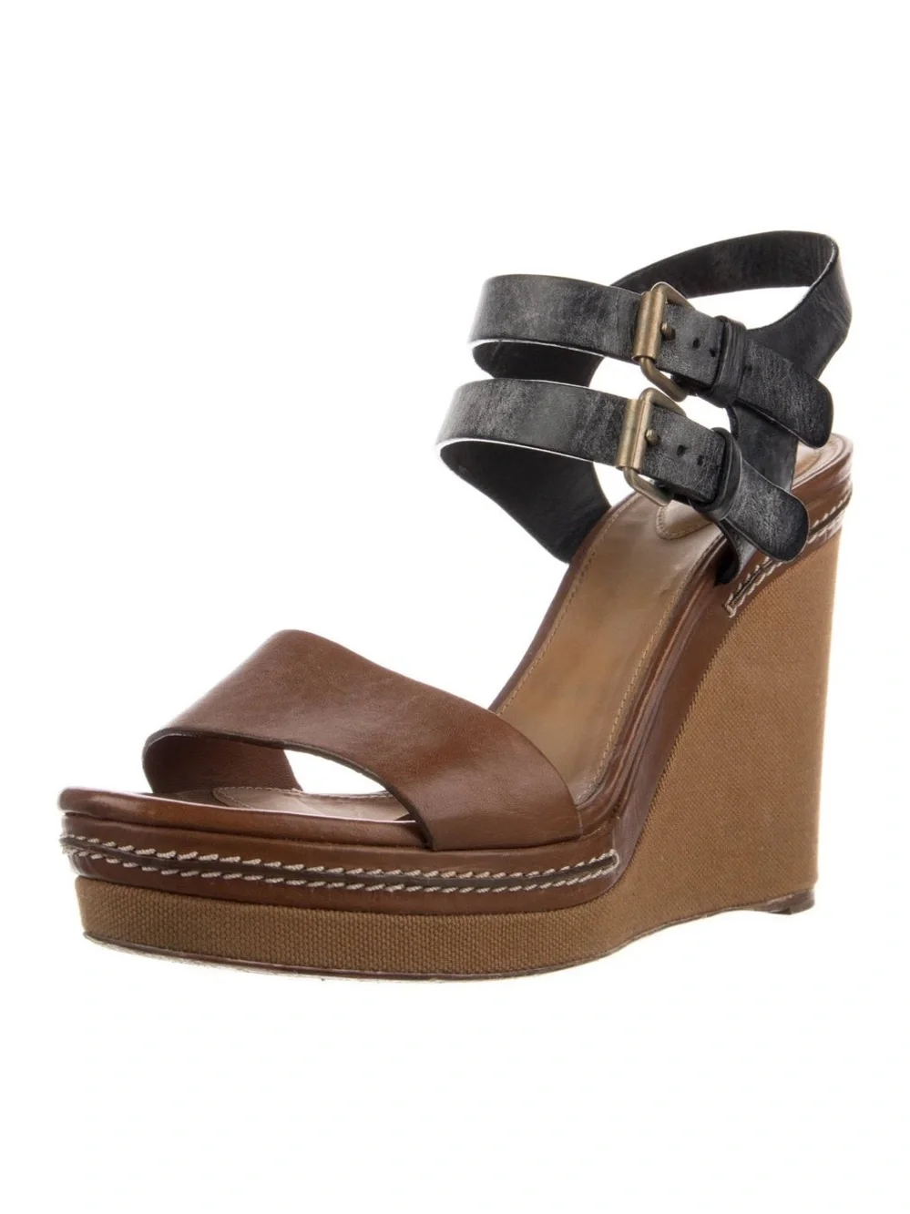 CHLOE Groove Platform Sandal Black Brown Wedge 39- runs small! Fits like 37-37.5